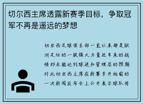 切尔西主席透露新赛季目标，争取冠军不再是遥远的梦想