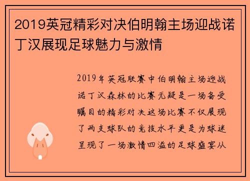 2019英冠精彩对决伯明翰主场迎战诺丁汉展现足球魅力与激情
