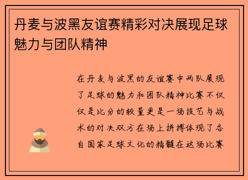 丹麦与波黑友谊赛精彩对决展现足球魅力与团队精神